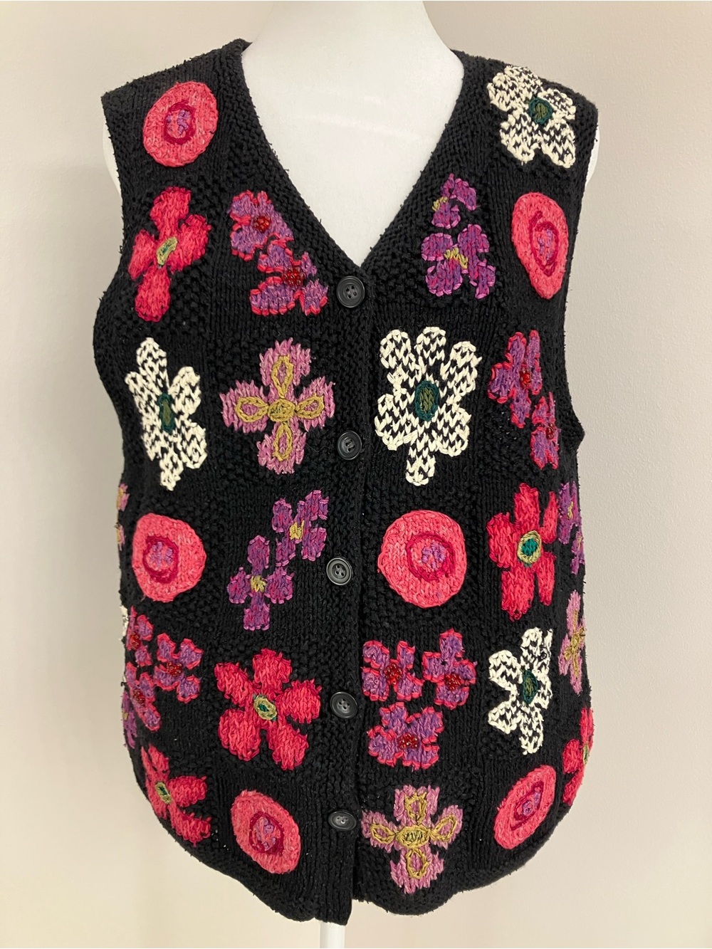 Susan Bristol Black Knit Floral Embroidered Button Vest
